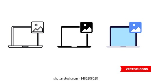 Laptop pictures icon of 3 types: color, black and white, outline. Isolated vector sign symbol.