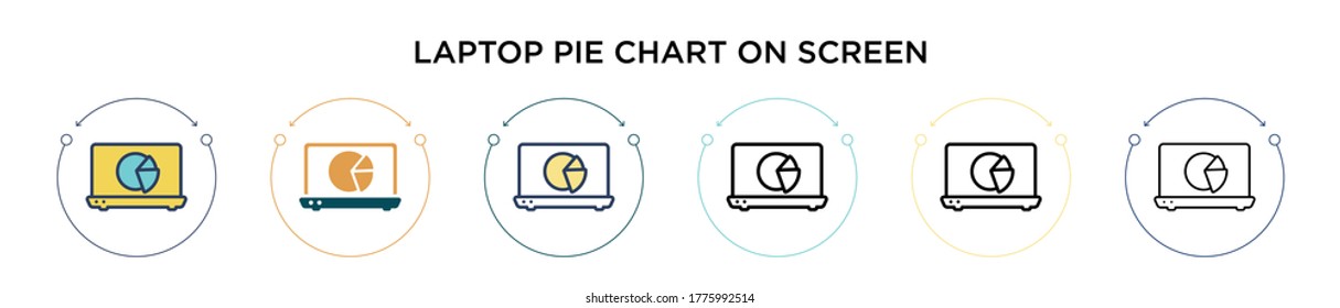Laptop pie chart on screen icon in filled, thin line, outline and stroke style. Vector illustration of two colored and black laptop pie chart on screen vector icons designs can be used for mobile,