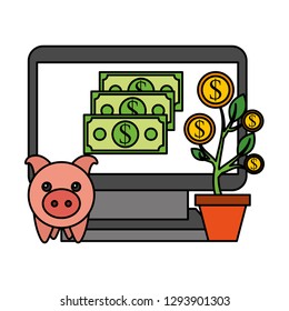 laptop piggy bank plant coins money business