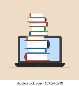 Laptop and pile of books isolated on background. Online library concept. Vector illustration. Flat design