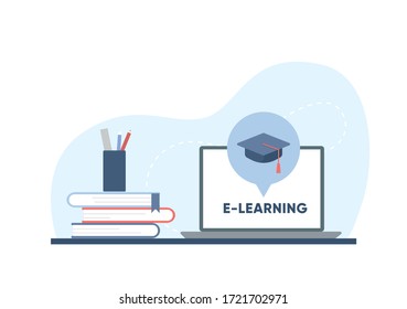 Laptop and pile of books standing on working desk. E-learning and online education concept. Flat vector illustration.