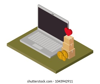 laptop with pile boxes of heart and coins isometric