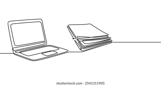 Laptop with a pile of papers or documents on the table depicted in a continuous one line drawing. Work and office concept. Hand-drawn minimalist design.