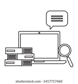 laptop with pile text books and magnifying glass