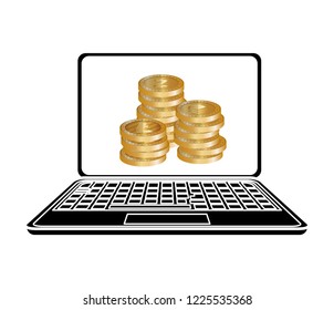 laptop with pile of virtual coins