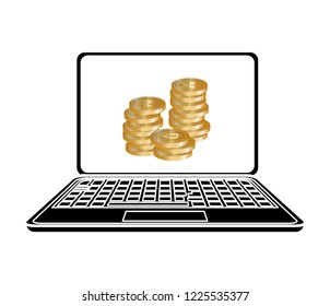 laptop with pile of virtual coins