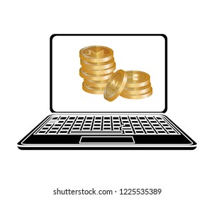 laptop with pile of virtual coins