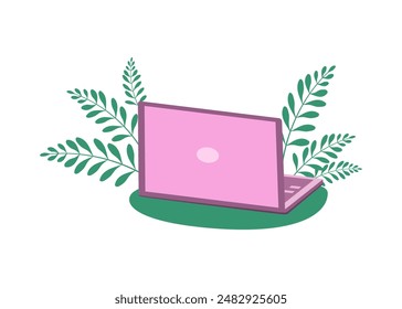 Laptop pink color. Computer, Work at home and in the office. Open laptop. Vector illustration. Background isolated.