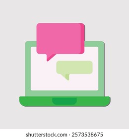 Laptop with pink and light green chat bubbles graphic illustration for communication