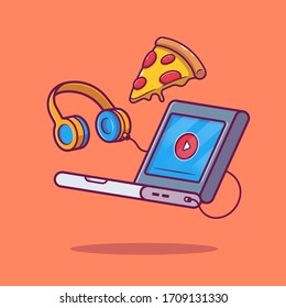 Laptop, Pizza And Headphones Vector Icon Illustration. Technology And Food Concept Isolated. Flat Cartoon Style Suitable for Web Landing Page, Banner, Flyer, Sticker, Card