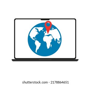 Laptop and planet Earth with location. Vector illustration