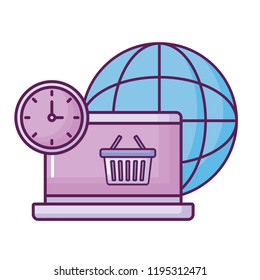 laptop with planet and shopping basket