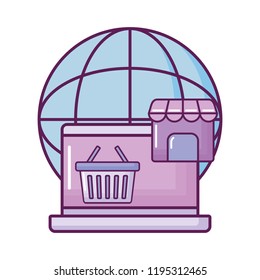 laptop with planet and shopping icons
