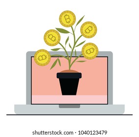 laptop with plant of bitcoins icon