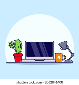Laptop with plant and lamp cartoon vector icon illustration