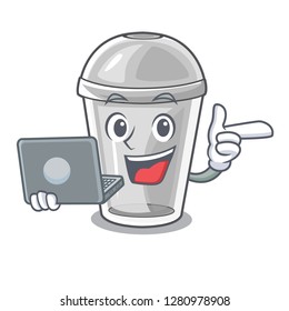 With laptop plastic cup in the cartoon form
