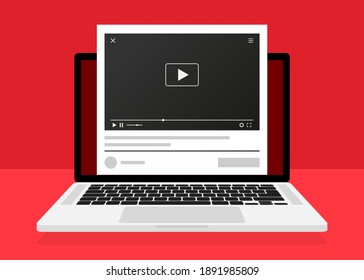 Laptop play in 3d style. Social media concept. Laptop flat vector icon illustration. Distance learning. Web design. Play button icon vector illustration. Internet conference.