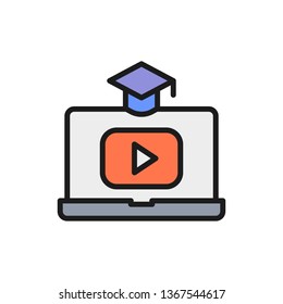 Laptop with play button, educational video, online learning flat color line icon.