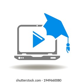 Laptop with play button and graduation cap vector icon. Online Education Symbol. Electronic Internet Training Logo. Modern School Technology Sign.