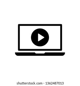 Laptop with play button on screen, vector icon