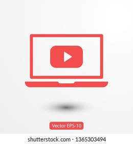 Laptop with play button on screen, vector icon