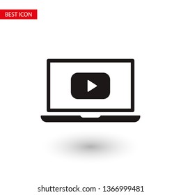 Laptop with play button on screen, vector icon