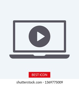 Laptop with play button on screen, vector icon