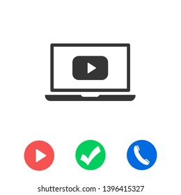 Laptop with play button on screen, vector icon