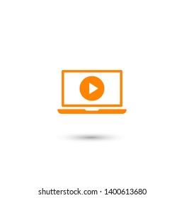 Laptop with play button on screen, vector icon
