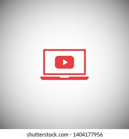 Laptop with play button on screen, vector icon