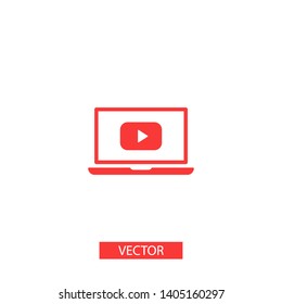 Laptop with play button on screen, vector icon