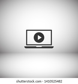 Laptop with play button on screen, vector icon