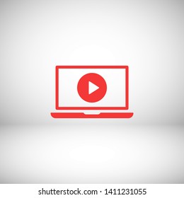 Laptop with play button on screen, vector icon