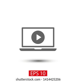 Laptop with play button on screen, vector icon