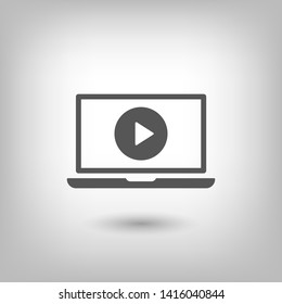 Laptop with play button on screen, vector icon