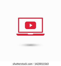 Laptop with play button on screen, vector icon