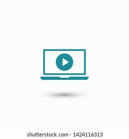 Laptop with play button on screen, vector icon