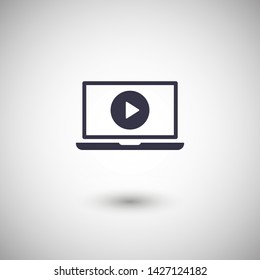 Laptop with play button on screen, vector icon