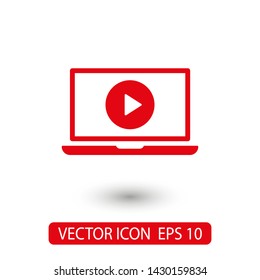 Laptop with play button on screen, vector icon