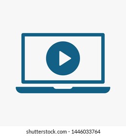 Laptop with play button on screen, vector icon