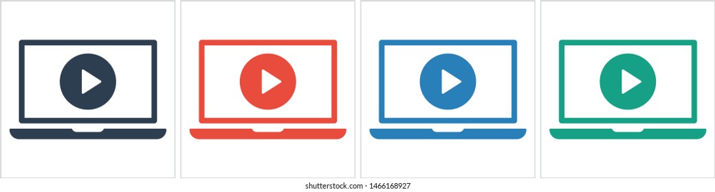 Laptop with play button on screen, vector icon