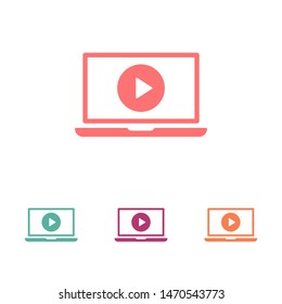 Laptop with play button on screen, vector icon