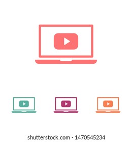 Laptop with play button on screen, vector icon