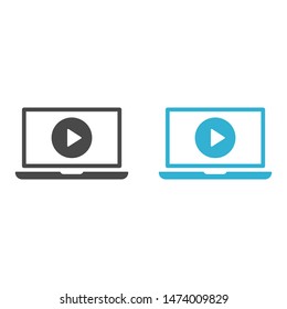 Laptop with play button on screen, vector icon
