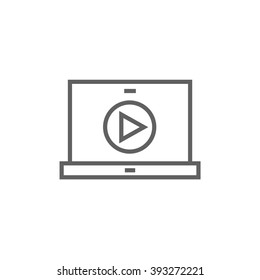 Laptop with play button on screen line icon.