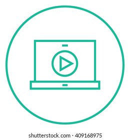 Laptop with play button on screen line icon.