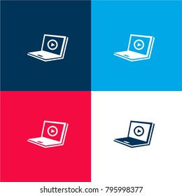 Laptop with play button on screen four color material and minimal icon logo set in red and blue