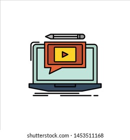 Laptop, Player, Screen, Tutorial, Video  Flat Color Icon. Vector icon banner Template