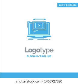 Laptop, Player, Screen, Tutorial, Video Blue Solid Logo Template. Place for Tagline. Vector Icon Template background
