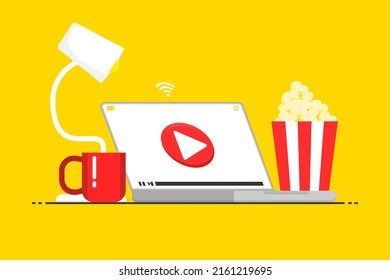 Laptop playing video online, Vector design live stream on laptop with red mug, popcorn and lamp is elements, Marketing illustration online.